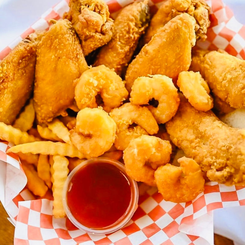 Kay's Chicken Kitchen wings, shrimp, and fries with mild sauce